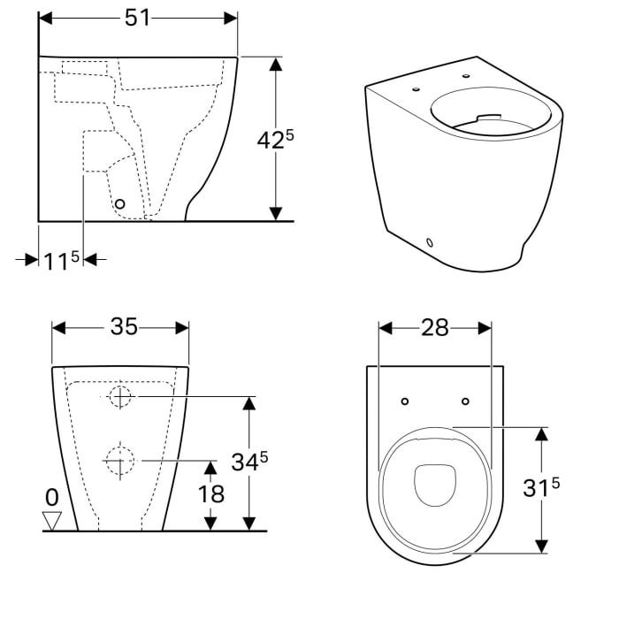Geberit Acanto Tiefspül-Stand-WC ohne Spülrand, wandbündig, erhöht