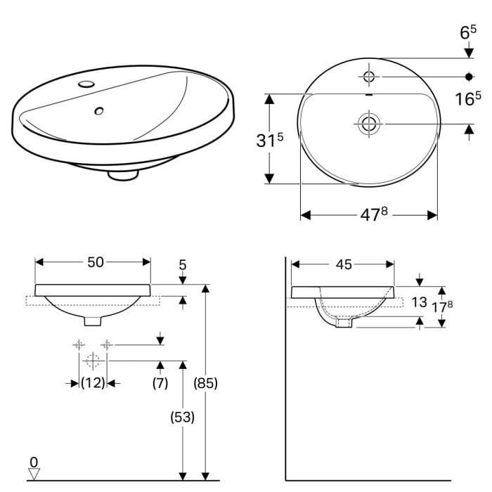 Geberit VariForm Einbauwaschtisch 50 x 45 cm, oval, mit Hahnlochbank