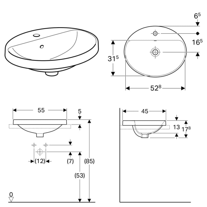 Geberit VariForm Einbauwaschtisch 55 x 45 cm, oval, mit Hahnlochbank