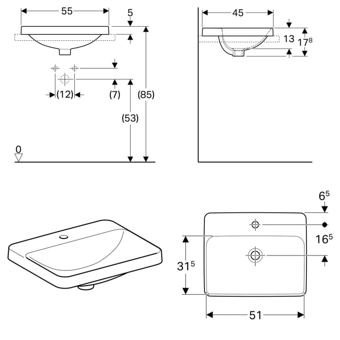 Geberit VariForm Einbauwaschtisch, rechteckig, mit Hahnlochbank