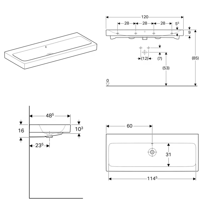 Geberit iCon Waschtisch 120 cm ohne Hahnloch