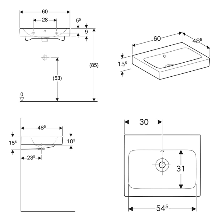 Geberit iCon Waschtisch 60 cm ohne Hahnloch