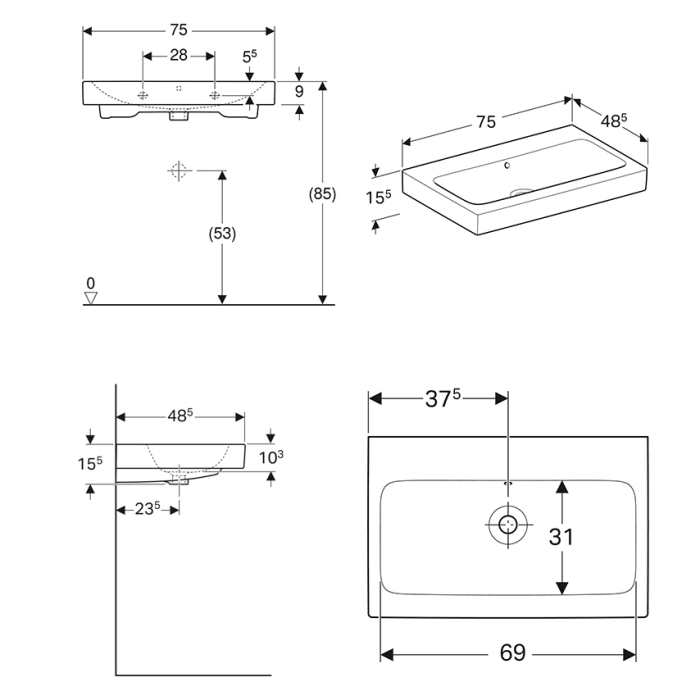 Geberit iCon Waschtisch 75 cm ohne Hahnloch