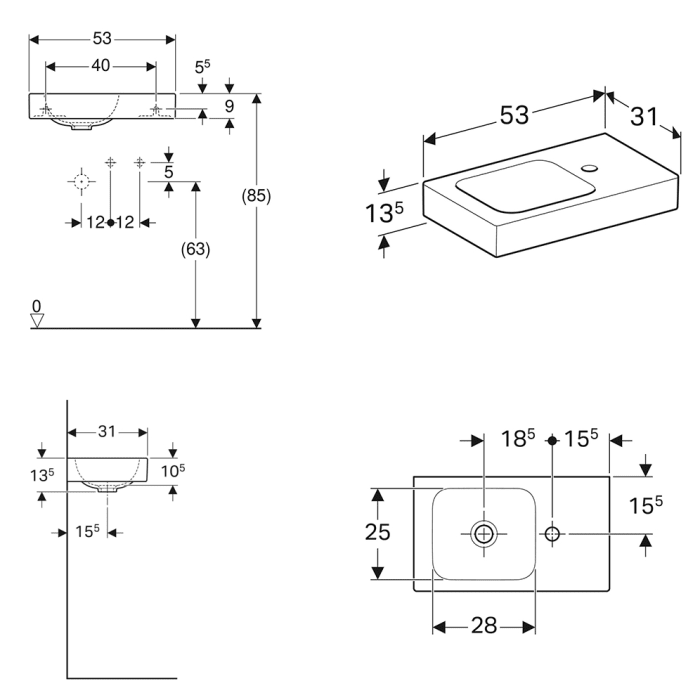 Geberit iCon Handwaschbecken 53 cm mit Ablagefläche rechts