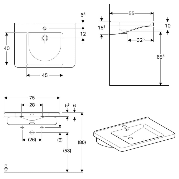 Geberit Renova Comfort Square Waschtisch 75 cm, barrierefrei