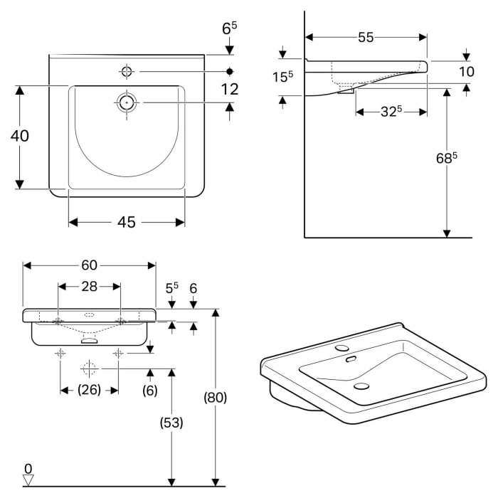 Geberit Renova Comfort Square Waschtisch 60 cm, barrierefrei