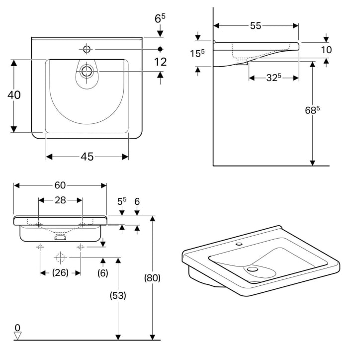 Geberit Renova Comfort Square Waschtisch 60 cm, barrierefrei, ohne Überlauf