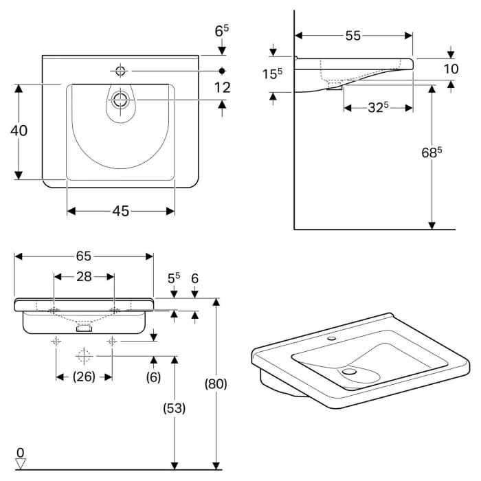 Geberit Renova Comfort Square Waschtisch 65 cm, barrierefrei, ohne Überlauf