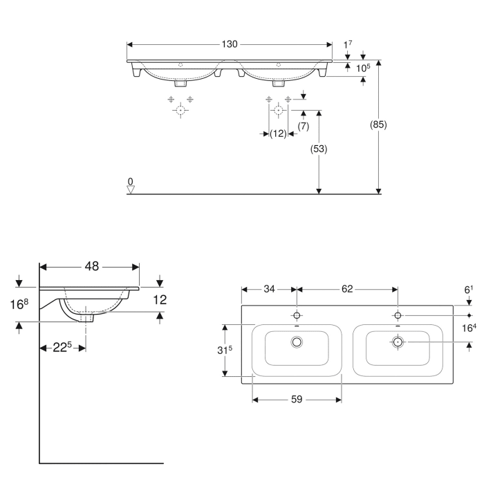 Geberit Renova Plan Doppelmöbelwaschtisch 130 cm, mit 2 Hahnlöchern, mit 2 Überläufen