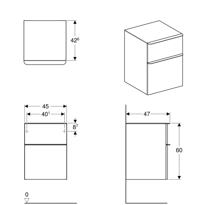 Geberit Smyle Square Seitenschrank 45 cm, mit zwei Schubladen