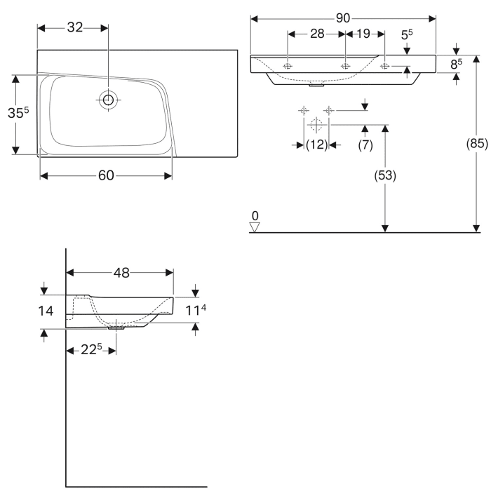 Geberit Xeno² Waschtische 90 cm mit Ablagefläche rechts, ohne Hahnloch