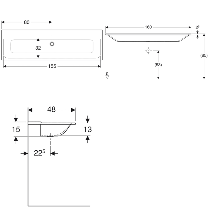 Geberit Xeno² Möbelwaschtisch 160 cm ohne Hahnloch