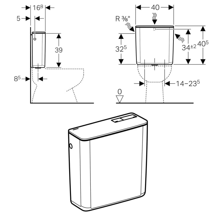 Geberit AP-Spülkasten AP128, Spül-Stopp-Spülung, Wasseranschluss hinten mittig oder seitlich