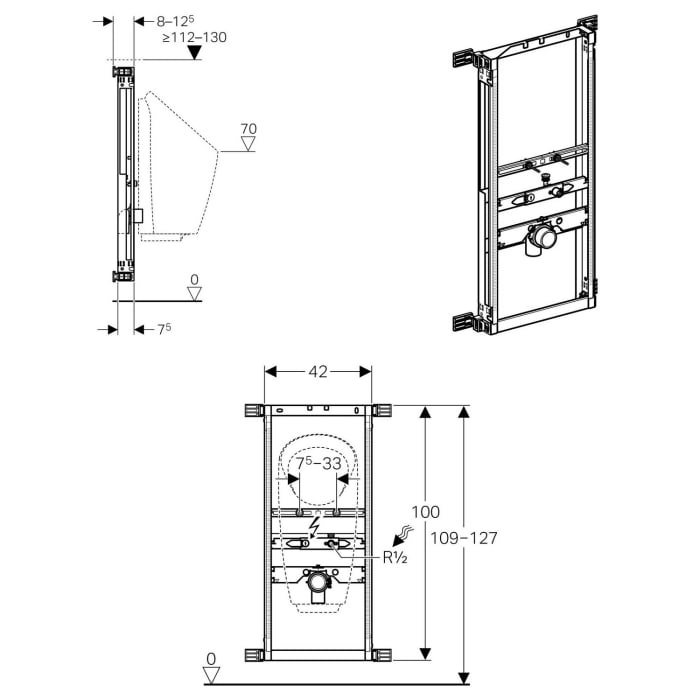Geberit Kombifix Element für Urinal, 109 - 127 cm, Universal, für AP-Druckspüler