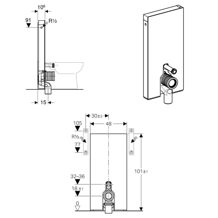 Geberit Monolith Sanitärmodul für Stand-WC, 101 cm, mit P-Anschlussbogen, Wasseranschluss seitlich