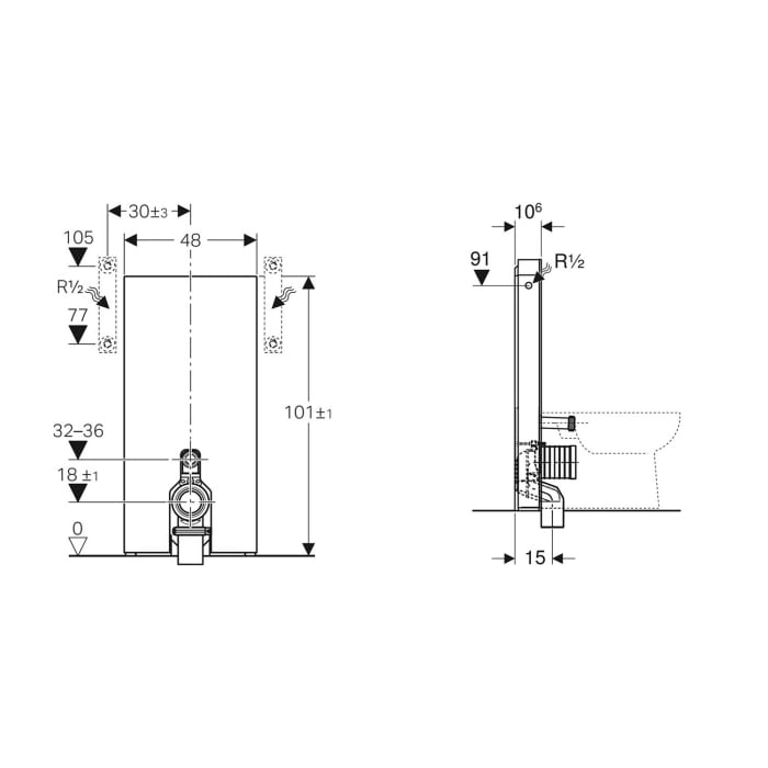Geberit Monolith Sanitärmodul für Stand-WC, 101 cm, mit P-Anschlussbogen, Wasseranschluss seitlich