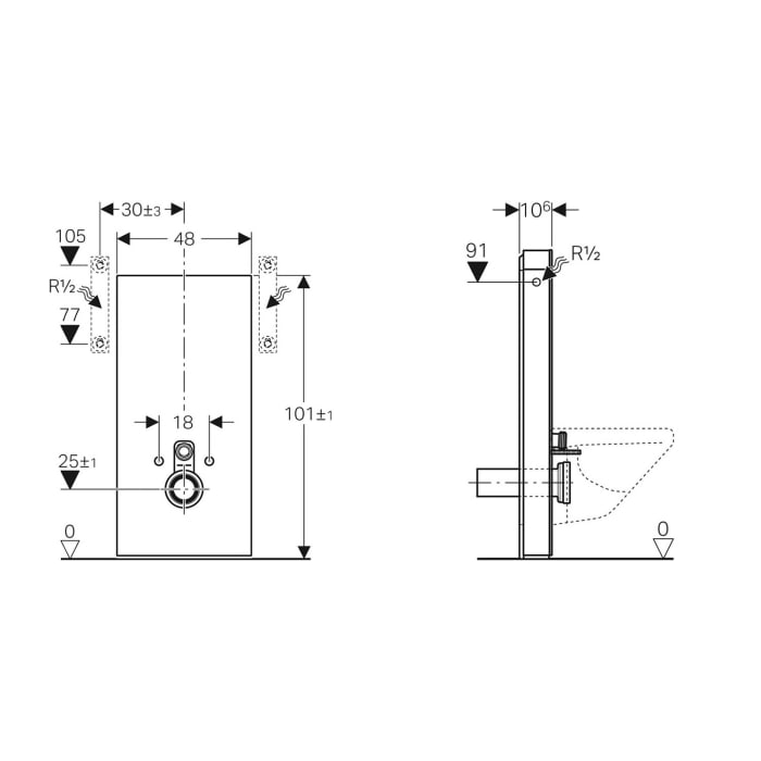 Geberit Monolith Sanitärmodul für Wand-WC, 101 cm, mit Anschlussstutzen, Wasseranschluss seitlich