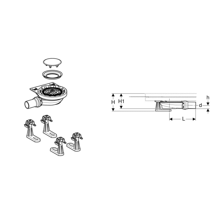 Geberit Rohbauset, zu Setaplano Duschfläche, Sperrwasserhöhe 3 cm, mit 4 Füßen