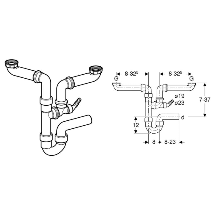 Geberit Spültisch-Ablauf DN 50 für zwei Becken, Raumsparmodell