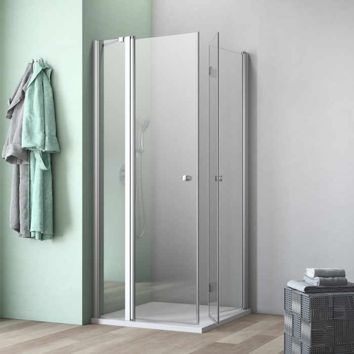 GEO maw flex Eckeinstieg 3-teilig mit Festteil/Pendeltür und Drehfalttür, 80 x 90 cm mit Glasbeschichtung