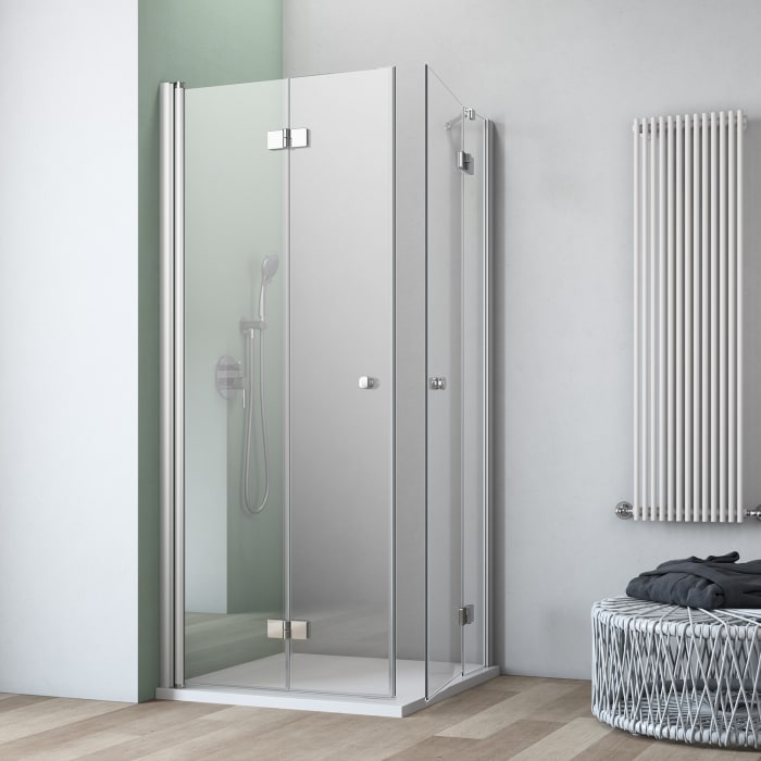 GEO maw flex Eckeinstieg 3-teilig mit Drehfalttür und Drehtür/Festteil, 100 x 80 cm mit Glasbeschichtung