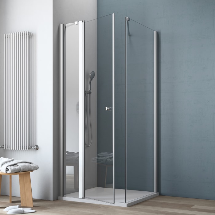 GEO maw flex Drehtür links mit Drehsäule an Festteil und Seitenwand, 100 x 100 cm mit Glasbeschichtung