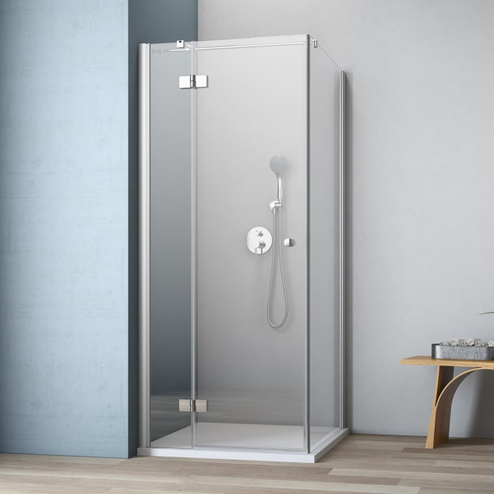 GEO maw flex Drehtür links mit Bändern an Festteil und Seitenwand, bis 140 x 120 cm - Sondermaß mit Glasbeschichtung