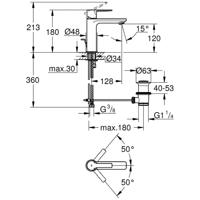 GROHE Lineare Neu Einhand-Waschtischbatterie S-Size mit Zugstangen-Ablaufgarnitur