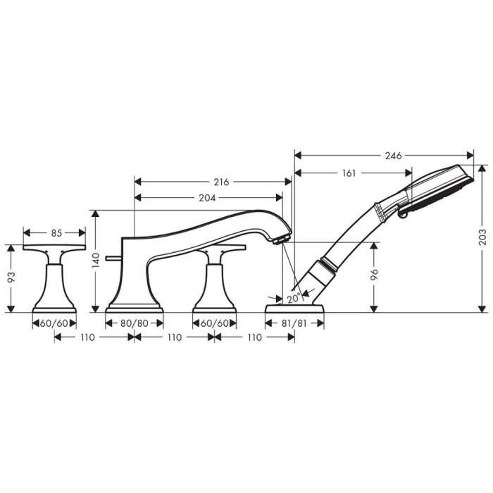 hansgrohe Metropol Classic 4-Loch Wannenrandarmatur mit Kreuzgriff