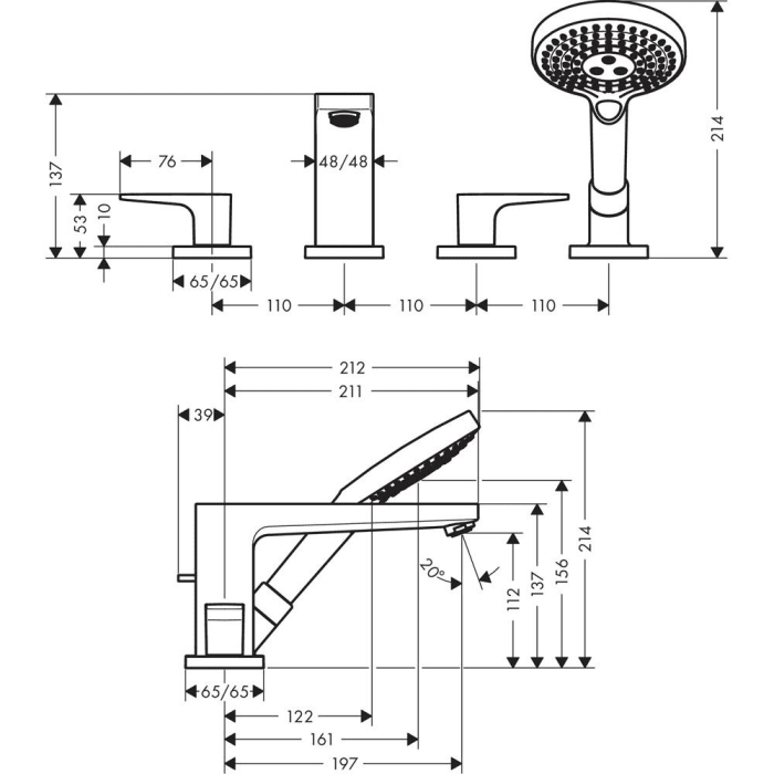 hansgrohe Metropol 4-Loch Wannenrandarmatur mit Hebelgriff
