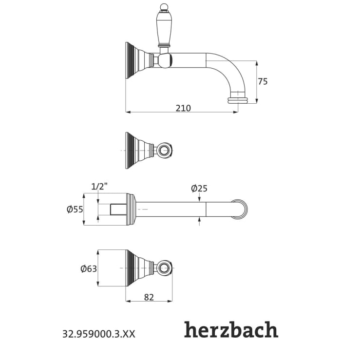 Herzbach ANAIS CLASSIC Waschtisch-Wandbrückenbatterie Farbset Stilgriff