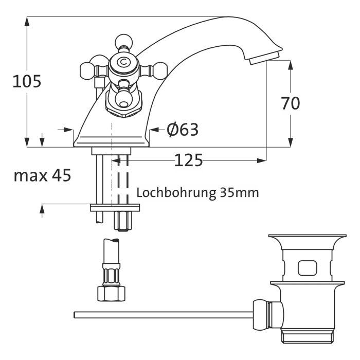 Herzbach ANAIS Waschtisch-Einlochbatterie mit Ablaufgarnitur