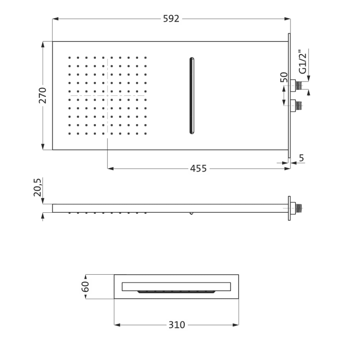 Herzbach LIVING SPA Regenbrause 59,3 x 27 cm Multifunktion 2, Wandmontage