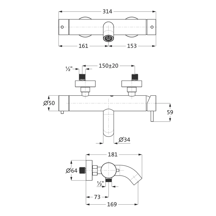 Herzbach DEEP IX Wannenfüll- und Brausebatterie Aufputz