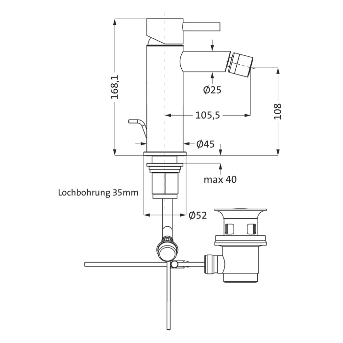 Herzbach DESIGN IX Bidet-Einlochbatterie mit Ablaufgarnitur