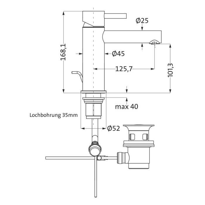 Herzbach DESIGN IX PVD BRASS STEEL Waschtisch-Einlochbatterie M-Size mit Ablaufgarnitur
