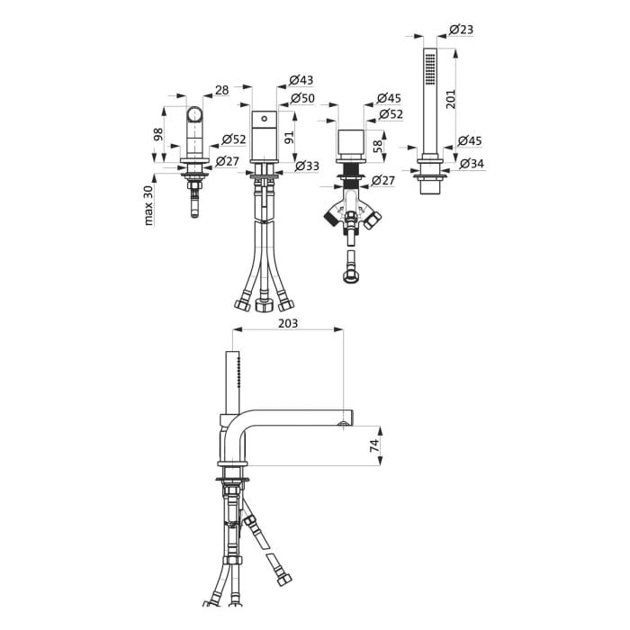 Herzbach DESIGN IX Vierloch-Wannenarmatur für Fliesen- oder Wannenrandmontage