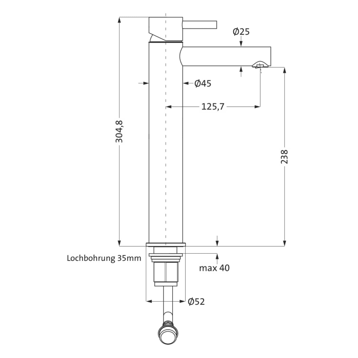 Herzbach DESIGN IX Waschtisch-Einlochbatterie XL-Size mit erhöhtem Schaft, ohne Ablaufgarnitur