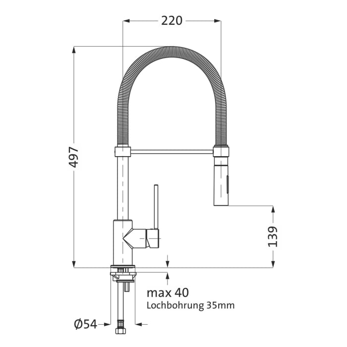 Herzbach LIVING Spültisch-Einlochbatterie Griff seitlich Spiralfederauslauf mit ausklinkbarer Brausekopf