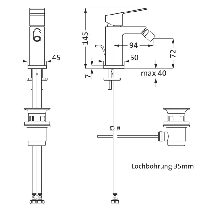 Herzbach NEO CASTELL Bidet-Einlochbatterie mit Ablaufgarnitur