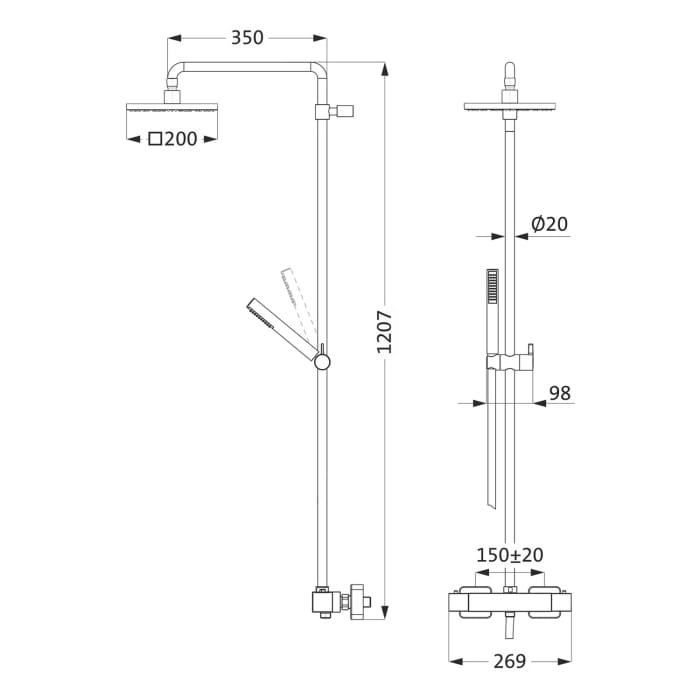 Herzbach LIVING SPA Duschsäule mit Regenbrause 20 cm eckig, mit Stabhandbrause