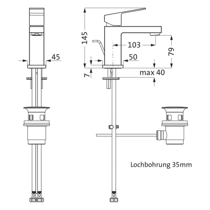 Herzbach NEO CASTELL Waschtisch-Einlochbatterie S-Size mit Ablaufgarnitur