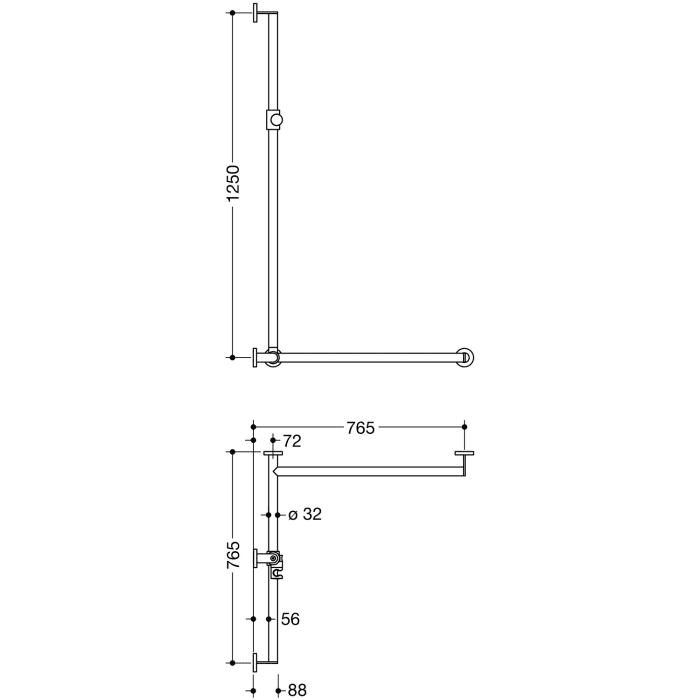 HEWI System 900 Duschhandlauf mit verschiebbarer Brausehalterstange rechts, 76,5 cm