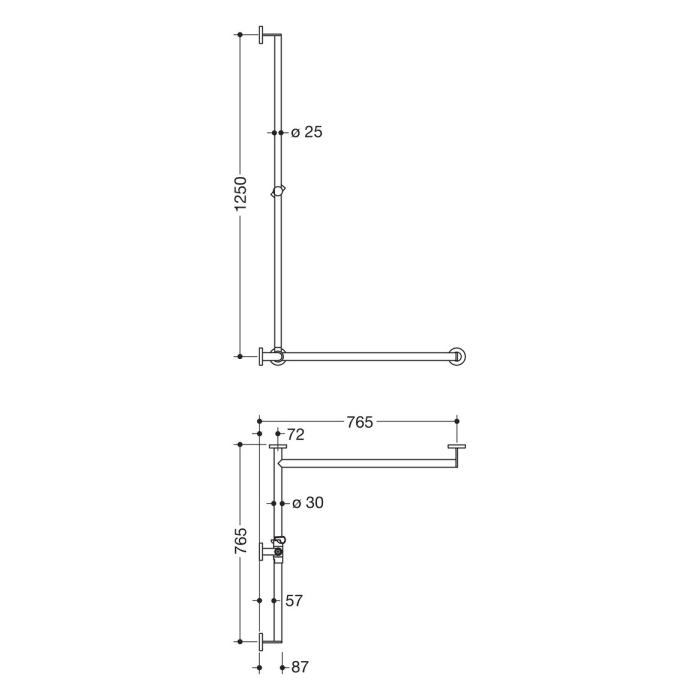 HEWI System 900 Duschhandlauf, 125 x 76,5 x 8,7 cm, Ausführung links
