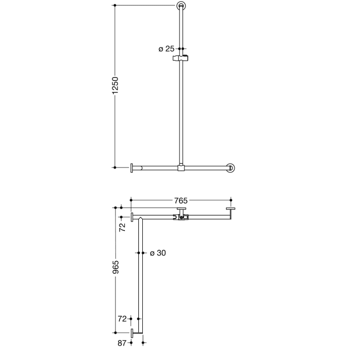 HEWI System 900 Duschhandlauf, 125 x 8,7 cm, Ausführung links