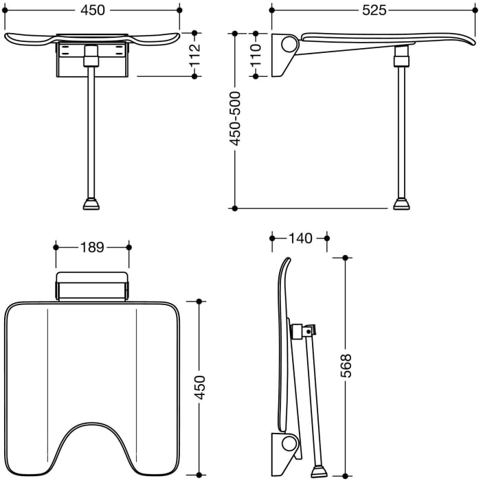 HEWI System 900 Klappsitz mit Bodenstütze und Hygieneausschnitt