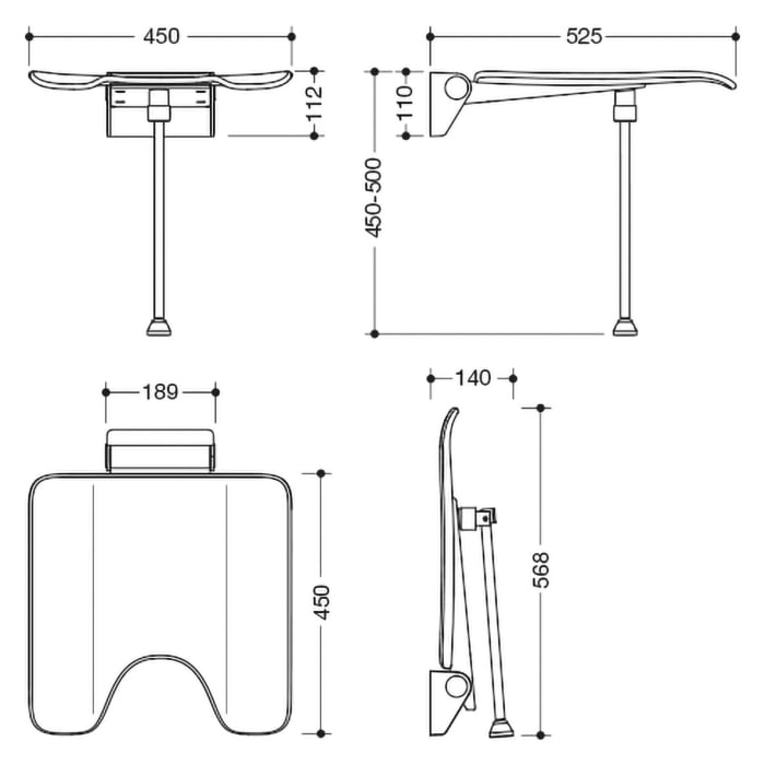 HEWI System 900 Klappsitz mit Bodenstütze und Hygieneausschnitt