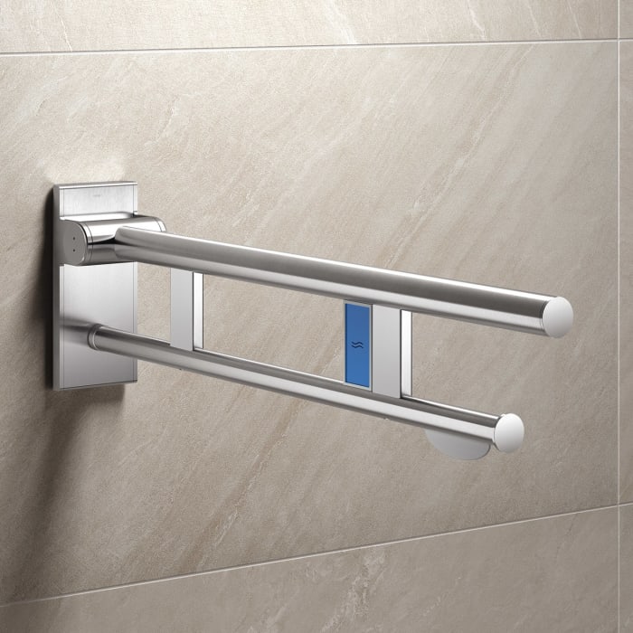 HEWI System 900 mobiler Stützklappgriff Duo Design A mit WC-Papierhalter und Spülauslösung (Funk), links 70 cm