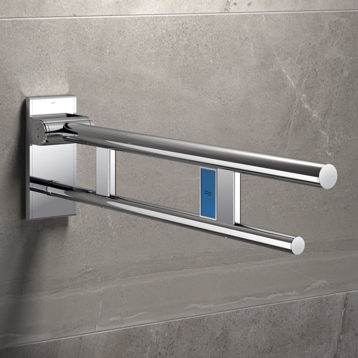 HEWI System 900 mobiler Stützklappgriff Duo Design A mit Spülauslösung (Funk), rechts 90 cm