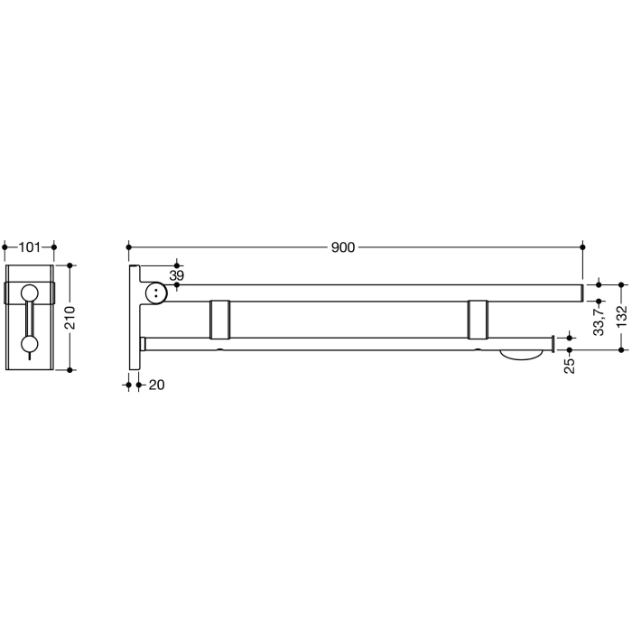HEWI System 900 mobiler Stützklappgriff Duo Design A mit WC-Papierhalter, 90 cm